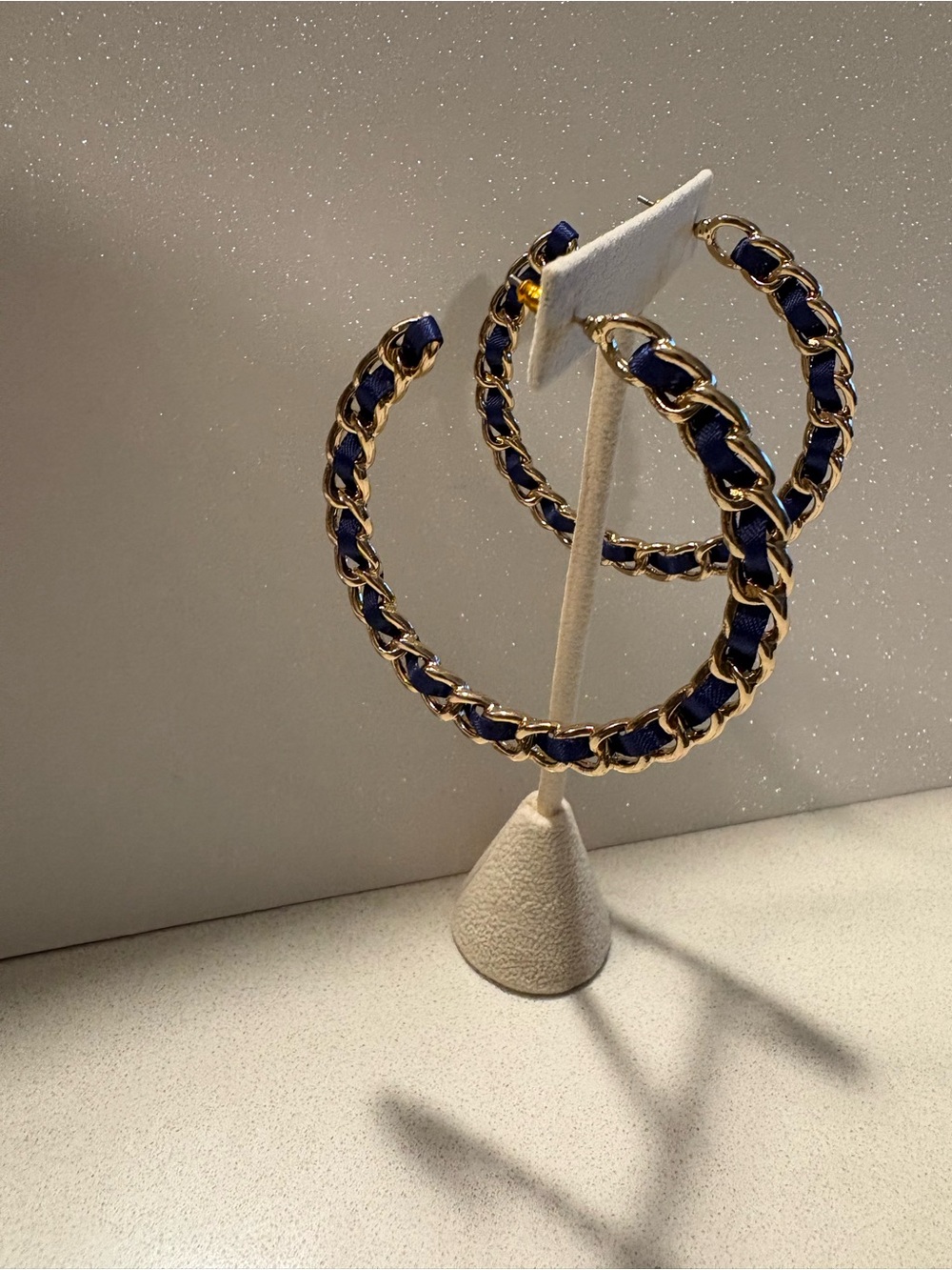 Gold Hoop Earrings with Navy Ribbon Accent